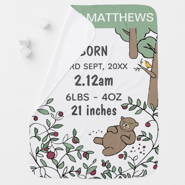 Sleeping Bear Woodland Birth Stats Personalised Baby Blanket (In Situ)