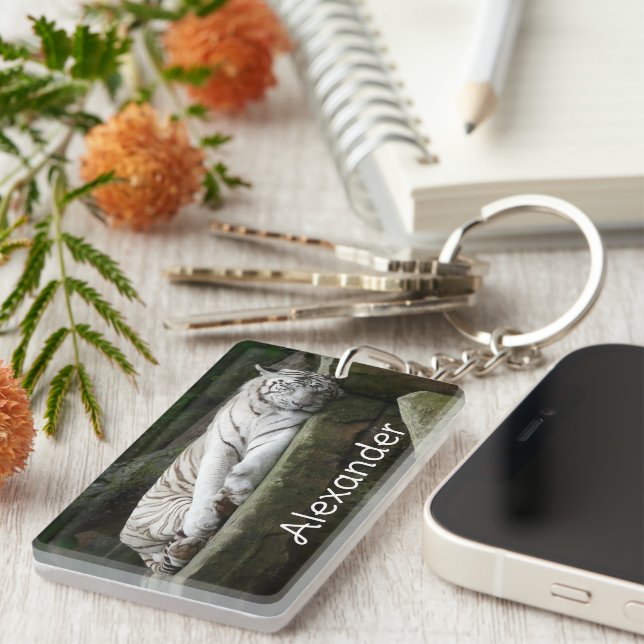 Sleeping Bengal White Tiger Photography Name Keychain (Front Right)
