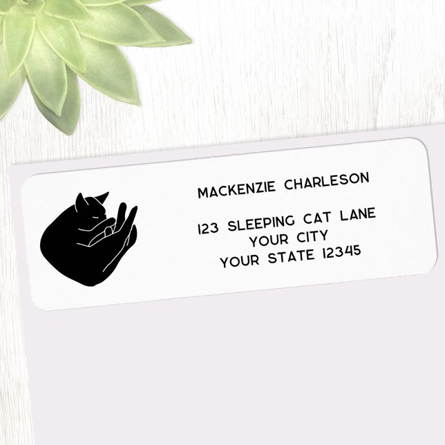Sleeping Black Cat Return Address Label (Sleeping black cat personalized custom name return address label for animal lovers)