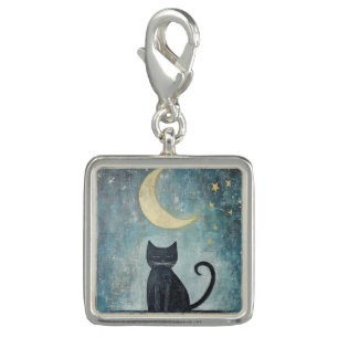 Sleeping Black Cat with Crescent Moon and Stars Charm