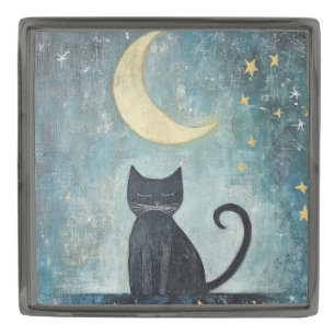 Sleeping Black Cat with Crescent Moon and Stars Gunmetal Finish Lapel Pin