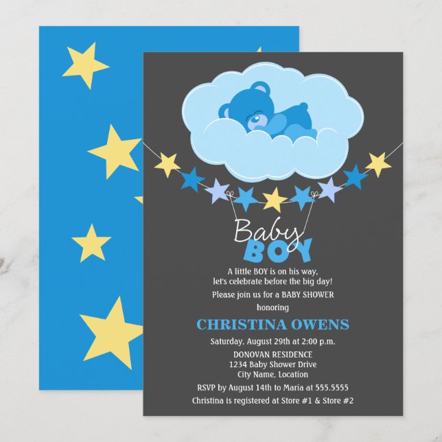 Sleeping Blue Boy Teddy Bear in Cloud Baby Shower Invitation (Front/Back)