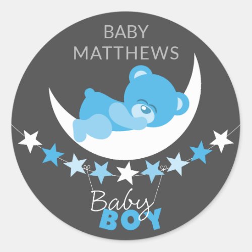 Sleeping Blue Boy Teddy Bear On Moon Baby Shower Classic Round Sticker