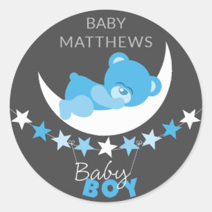 Sleeping Blue Boy Teddy Bear On Moon Baby Shower Classic Round Sticker