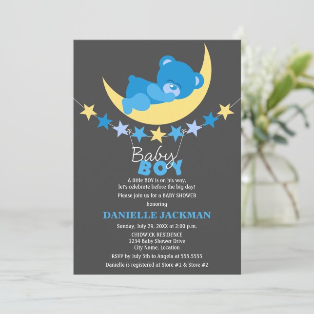 Sleeping Blue Boy Teddy Bear on Moon Baby Shower Invitation (Standing Front)