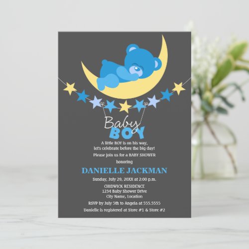Sleeping Blue Boy Teddy Bear on Moon Baby Shower Personalized Announcements