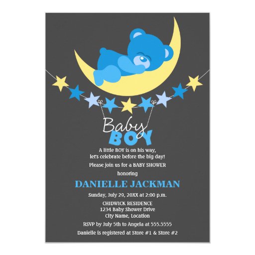 Sleeping Blue Boy Teddy Bear on Moon Baby Shower 5x7 Paper Invitation ...