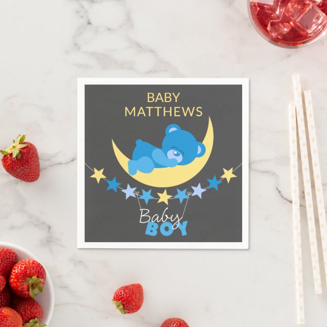Sleeping Blue Boy Teddy Bear On Moon Baby Shower Napkins (Insitu)