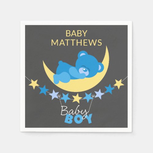 Sleeping Blue Boy Teddy Bear On Moon Baby Shower Napkins