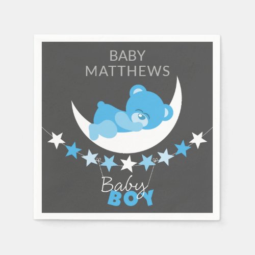 Sleeping Blue Boy Teddy Bear On Moon Baby Shower Napkins
