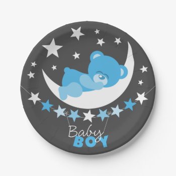 Sleeping Blue Boy Teddy Bear On Moon Baby Shower Paper Plates by SocialiteDesigns at Zazzle