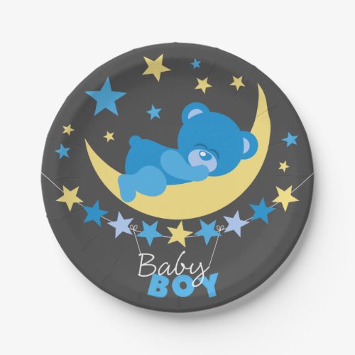 Sleeping Blue Boy Teddy Bear On Moon Baby Shower Paper Plates