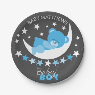 Sleeping Blue Boy Teddy Bear On Moon Baby Shower Paper Plates