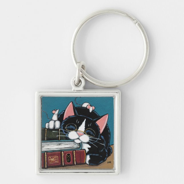 Sleeping Bookworm Tuxedo Cat and Mice Painting Keychain (Front)