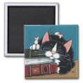 Sleeping Bookworm Tuxedo Cat and Mice Painting Magnet
