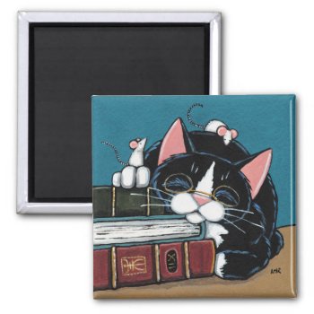 Sleeping Bookworm Tuxedo Cat And Mice Painting Magnet by LisaMarieArt at Zazzle