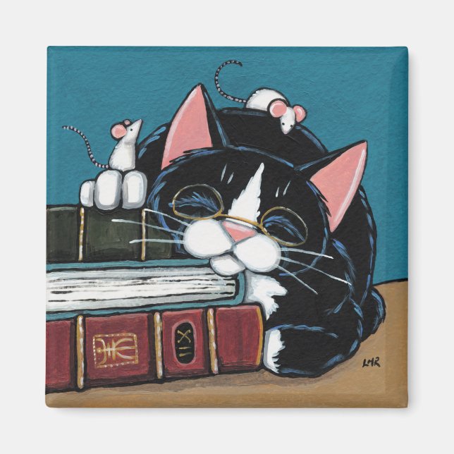 Sleeping Bookworm Tuxedo Cat and Mice Painting Magnet (Front)