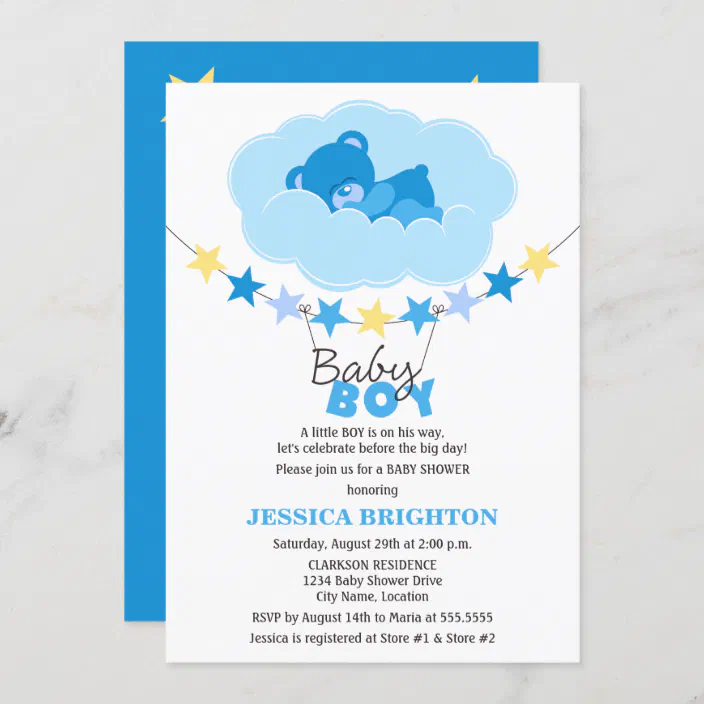 Baby Shower Invite Invitation 8ct Boy Girl Unisex cloud clothes line teddy bear 