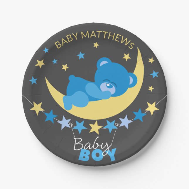 Sleeping Boy Teddy Bear On Moon Baby Shower Paper Plates (Front)