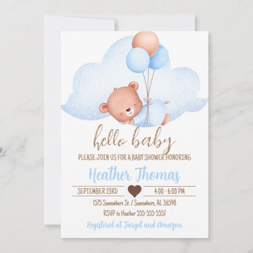 Sleeping Brown Bear and Cloud Baby Shower Invitation