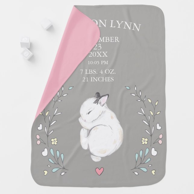 Sleeping Bunny Baby Girls Birth Stats Blanket (In Situ)