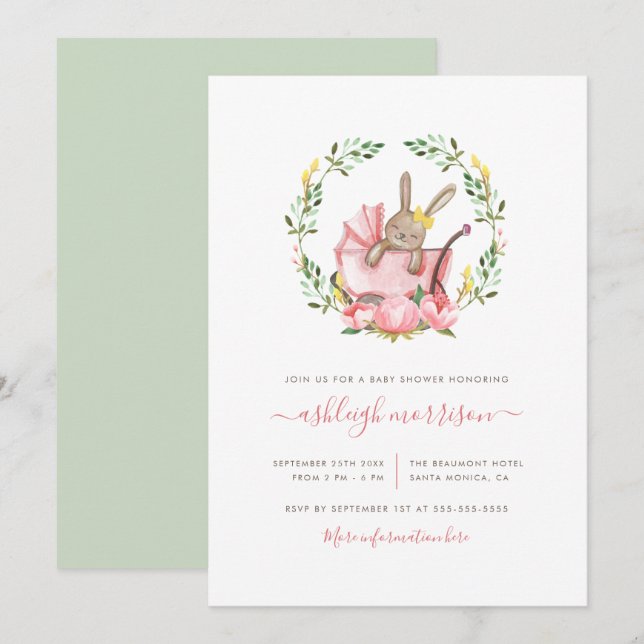 Sleeping Bunny In Buggy Baby Girl Shower Invitation (Front/Back)