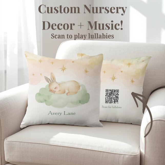 Sleeping Bunny Nursery Pillow with Lullaby QR Code (Sooth baby to sleep with this bunny nursery pillow featuring a scannable Spotify lullaby QR code.)