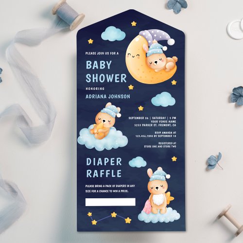 Sleeping Bunny on Moon Navy Blue Baby Shower All In One Invitation