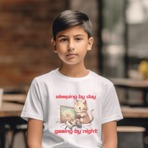 "Sleeping by Day Gaming by Night" Cat Video Game T-Shirt