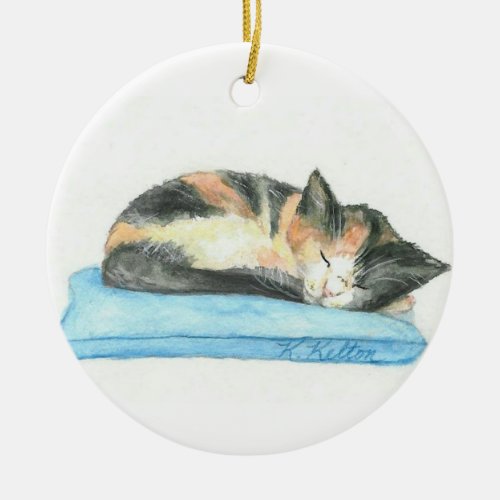 Sleeping Calico Kitten Christmas Ornament