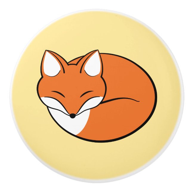 Sleeping Cartoon Fox on Yellow Ceramic Knob (Front)