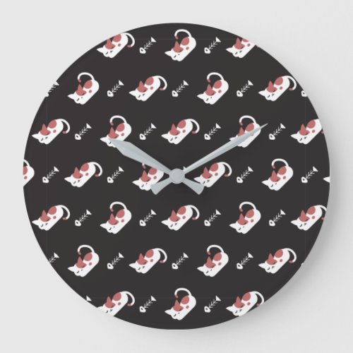 Sleeping Cat and Fish Bone Pattern II Large Clock