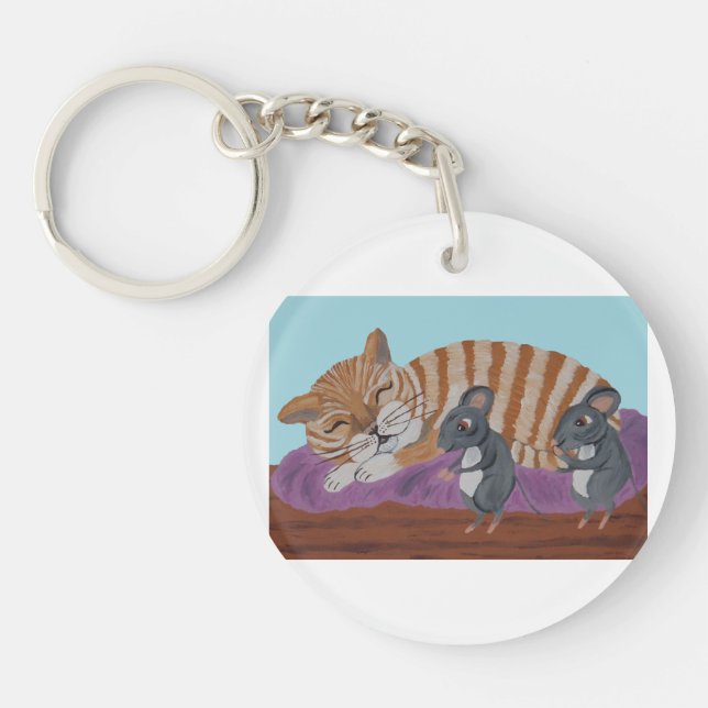 Sleeping Cat and Sneaky Mice Acrylic Keychain (Front)