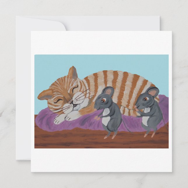 Sleeping Cat and Sneaky Mice  Invitation (Front)