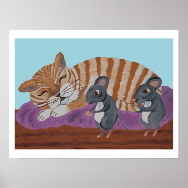Sleeping Cat and Sneaky Mice Poster (Front)