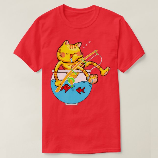 Sleeping Cat Aquarium Fish Bowl Fishing Pole Pet L T-Shirt (Design Front)