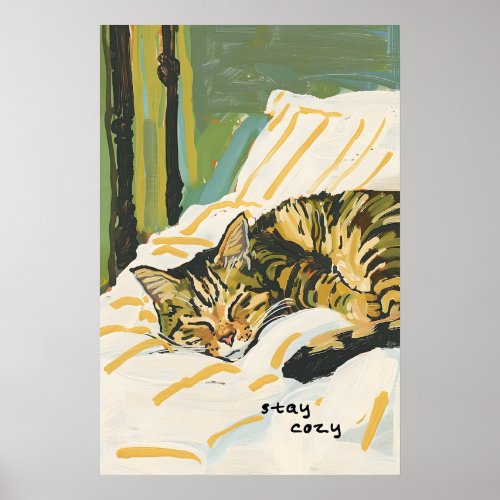 Sleeping Cat Art Print Cozy Bed Scene with