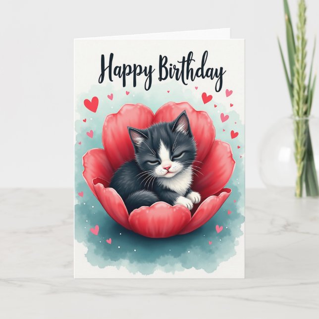 Sleeping Cat Birthday Flower Card (Front)