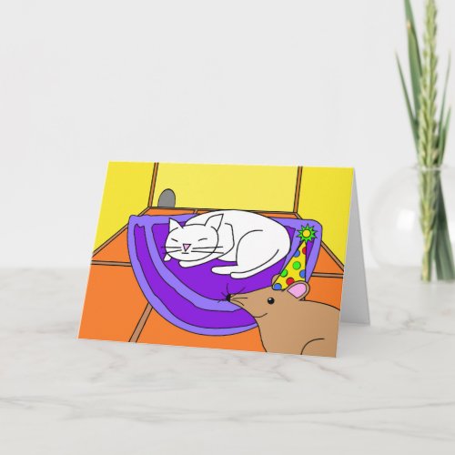 Sleeping Cat Birthday Mouse with Party Hat Card