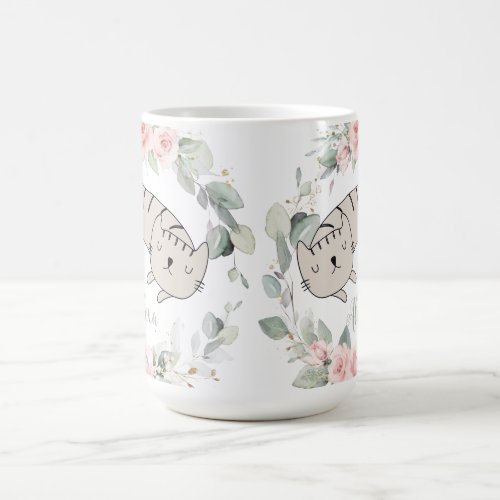 Sleeping Cat Blush Pink Floral Greenery Wreath Coffee Mug