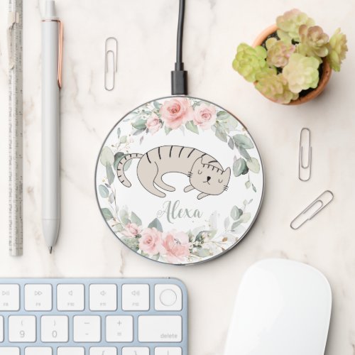 Sleeping Cat Blush Pink Floral Greenery Wreath  Wireless Charger