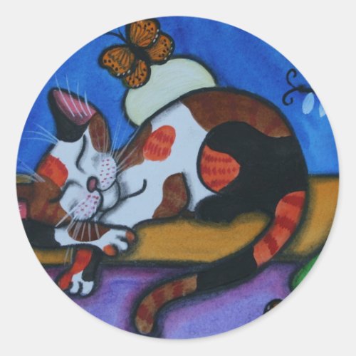 Sleeping Cat Butterflies and Dragonflies Classic Round Sticker