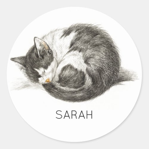 Sleeping Cat Curled Up Bookplate Or Label