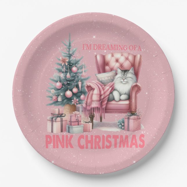 Sleeping Cat I'm Dreaming of a Pink Christmas Paper Plates (Front)