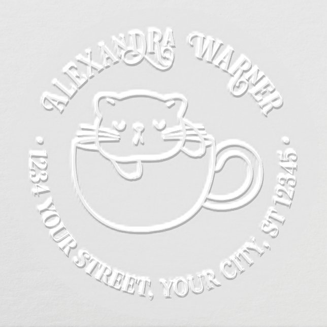 Sleeping Cat in Coffee Cup Name Return Address Embosser (Design)