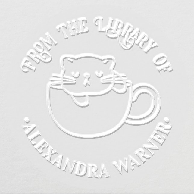 Sleeping Cat in Coffee Cup Round Library Book Name Embosser (Design)