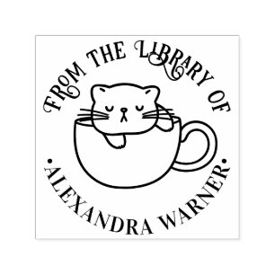 Sleeping Cat in Coffee Cup Round Library Book Name Self-inking Stamp