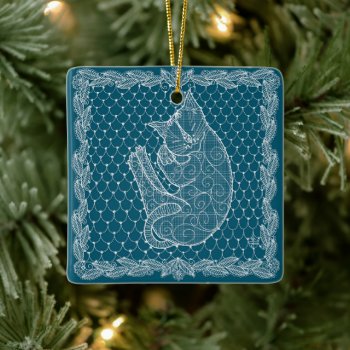 Sleeping Cat In Digitally-drawn Lace Tree Ornament by TheWhiteCatCo at Zazzle