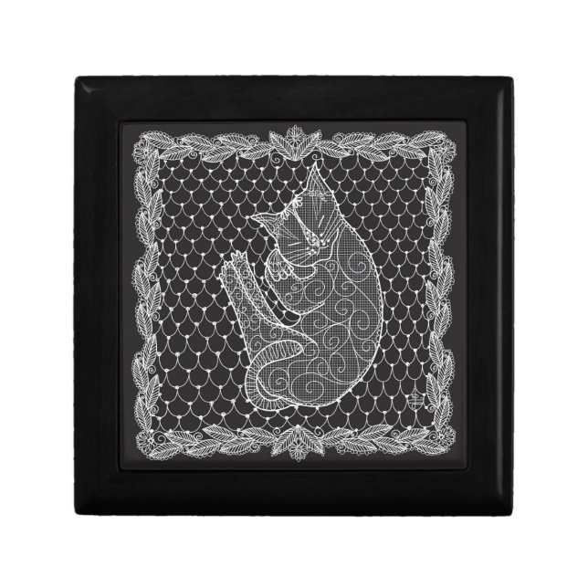 Sleeping Cat Lace Doily Keepsake Box (B&W) (Front)