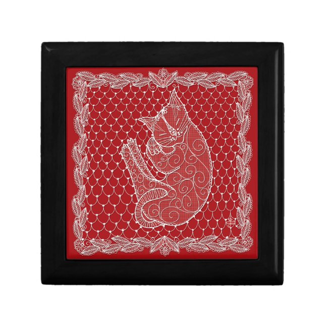 Sleeping Cat Lace Doily Keepsake Box (crimson) (Front)